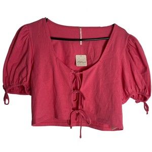 Free People Kitty Tee Velvet Rose Crop Top Tie Up Front Puff Sleeve Size XS NWT